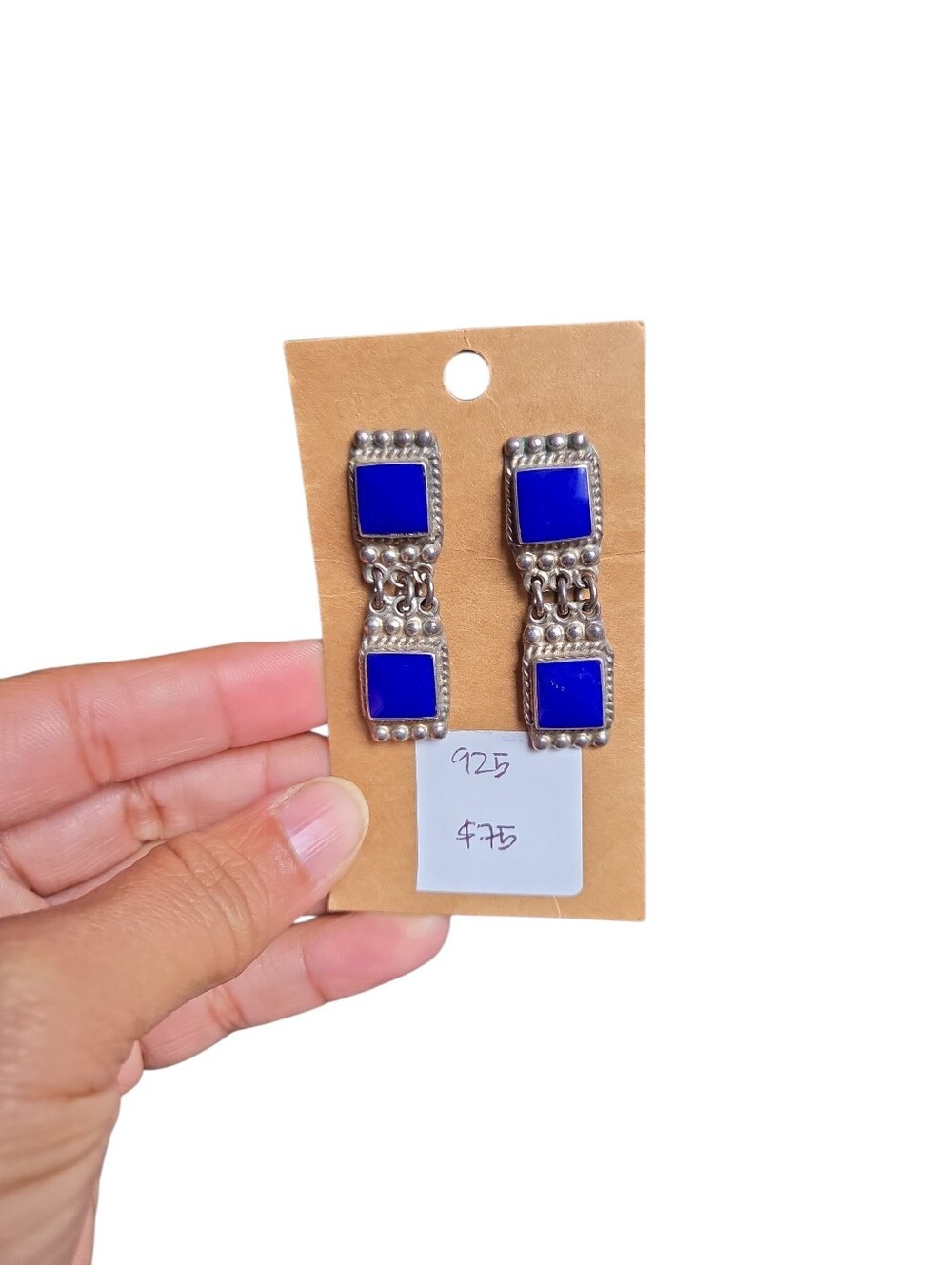 Vintage 925 Mexico Silver Blue Square Drop Earrings 2.25"